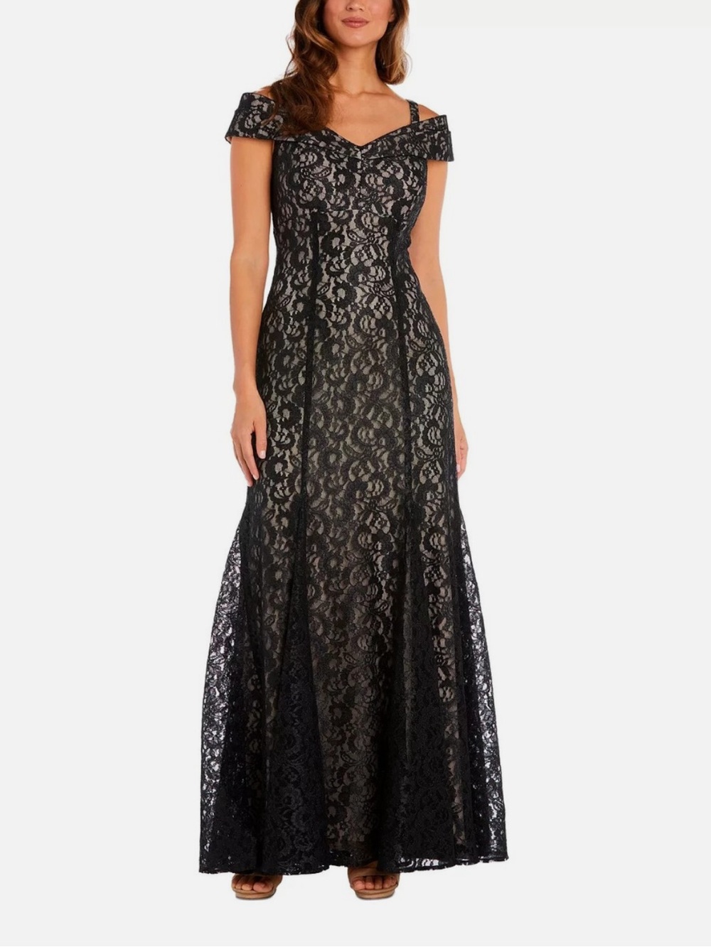 R&M RICHARDS Off the Shoulder Fishtail Evening Gown Dress Black Nude Size 18W